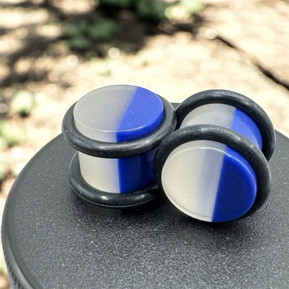 Pair 00g Blue & White Opalescent Acrylic Ear Gauges Plugs Body Piercing Jewelry